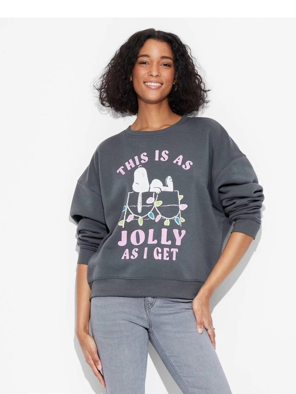 Peanuts Women's Jolly Snoopy Graphic Sweatshirt Xmas This is As Jolly Size L